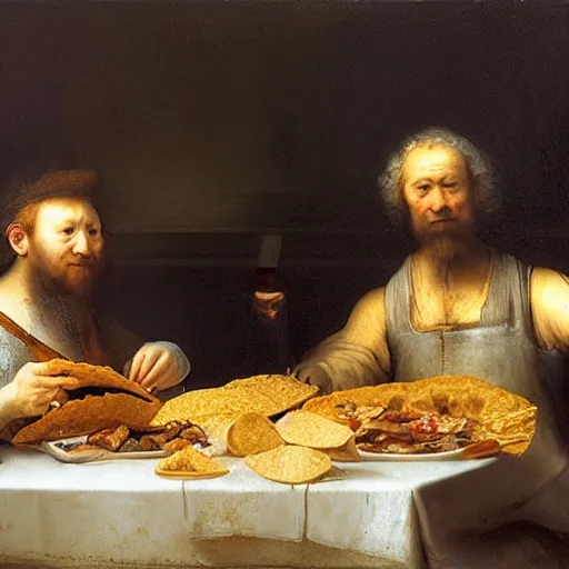 Prompt: two guys in tank tops, eating tacos, rembrandt painting