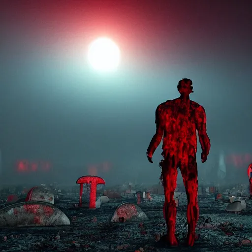 Image similar to new planet, red, red sky, beaten up man, depth, creepy, monsters, eyes, graveyard, death, dead, red eyes, 8k, hyperrealistic, depth, vray, high resoulution, eathly