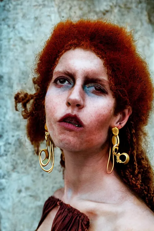 Image similar to 18th Century Barbary Coast pirate beautiful female model with amazing Ginger hair and Golden hooped earrings photography by Steve McCurry