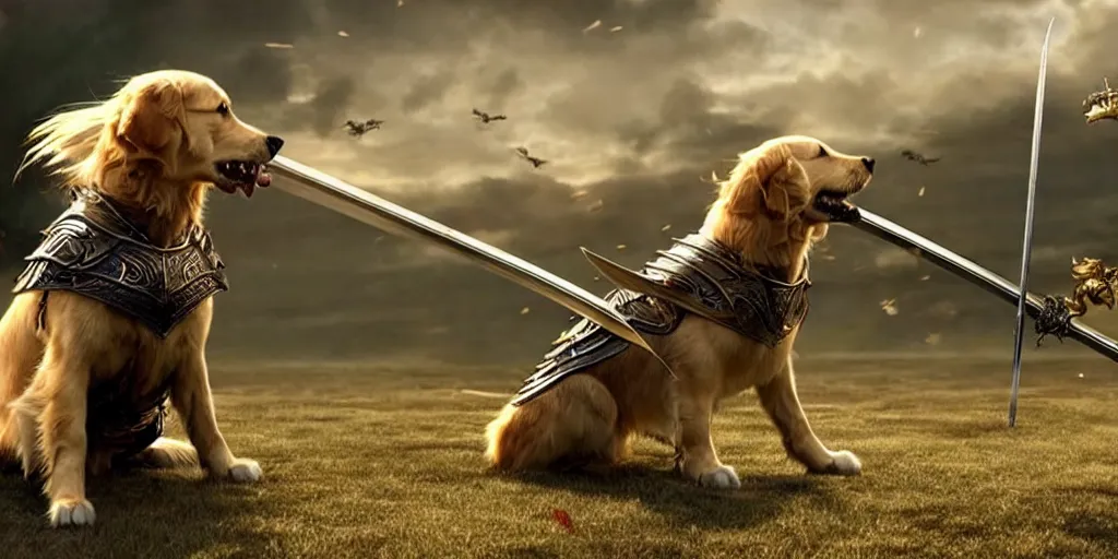 Prompt: golden retriever in medieval armor with wings and sword fighting against samurai cat in japanese samurai armor with catana, photorealistic ultra detail quality shot from james cameron movie