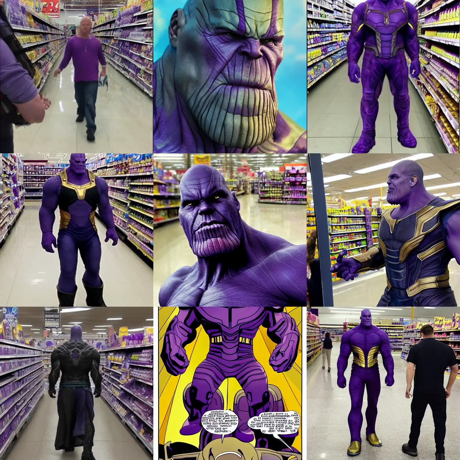 Prompt: thanos looking for his mom in a walmart