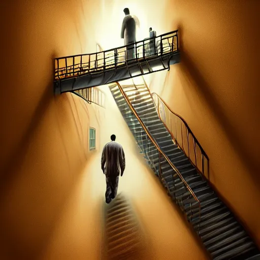 Image similar to a man going into heaven with his wife and children through stairs which is connecting his house to heaven , concept art trending on artstation, glowing effect, golden ratio, rule of thirds, illustration, digital painting, hyperreal, hyperdetailed, 8k