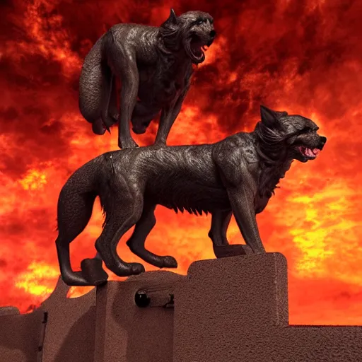 Prompt: cerberus overlooking the gates of hell, digital art, trending on artstation, award winning art, 8k