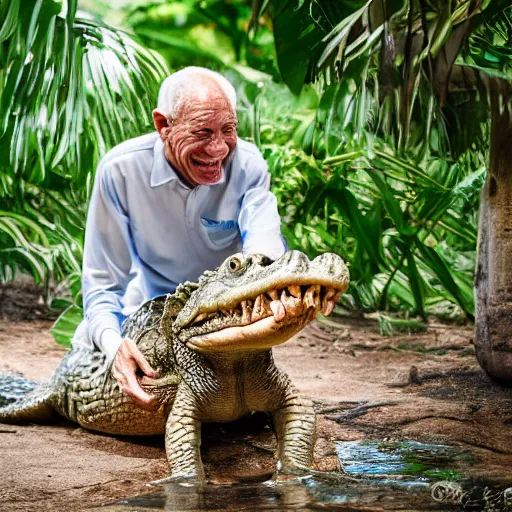 Image similar to elderly man feeding a crocodile, smiling, happy, crocodile, snappy, hungry, jungle, canon eos r 3, f / 1. 4, iso 2 0 0, 1 / 1 6 0 s, 8 k, raw, unedited, symmetrical balance, wide angle