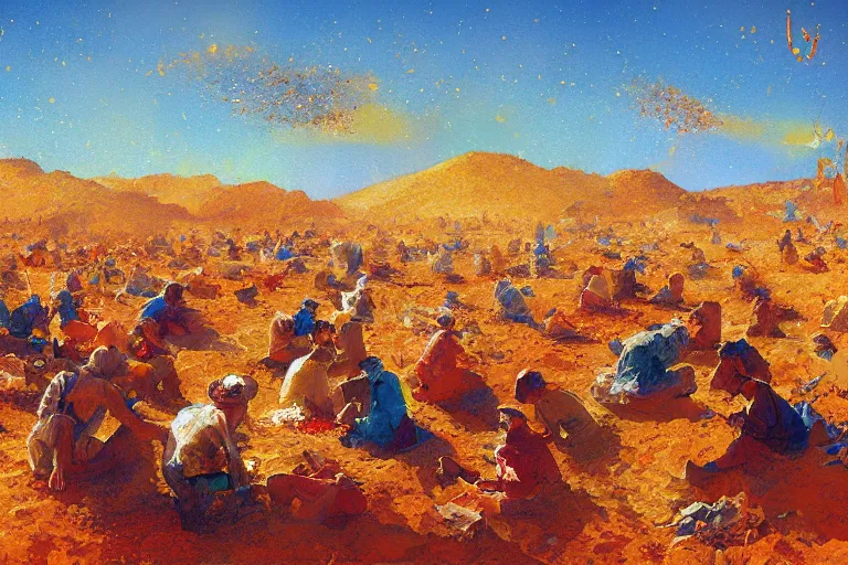Prompt: detailed digital painting of a crowd of jews in the desert harvesting manna, orange yellow and blue color scheme, by craig mullins and ross trann