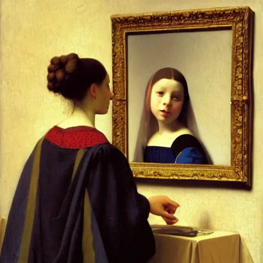 Prompt: a beautiful girl sees her reflection in a mirror : : highly detailed, beautifully lit, oil painting portrait by vermeer and bouguereau and waterhouse