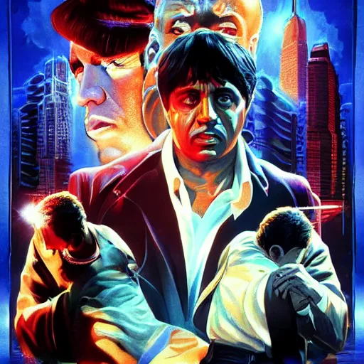 Image similar to scenes from the movie scarface as movie poster art, 8 k, coherent, intricate, elegant, volumetric lighting, sharp focus on scenery, digital painting, highly detailed, sharp focus, illustration by j scott campbell ron cheng, ngai victo