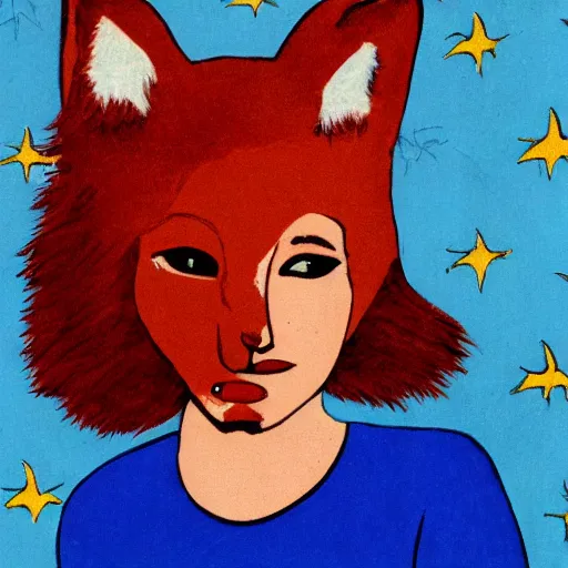 Image similar to portrait of a red haired woman, in 7 0 s clothes, holding a fox over her head while roller skating