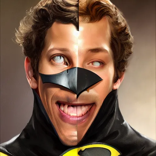 Prompt: Andy Samberg as Batman, digital art, trending on artstation, oil on canvas by J. C. Leyendecker and Edmund Blair Leighton and Charlie Bowater, octane render, cinematic