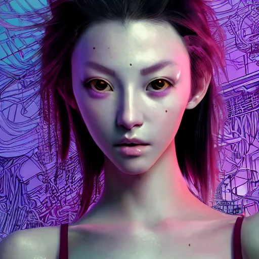 Prompt: the portrait of an absurdly beautiful, graceful, sophisticated, fashionable cyberpunk gravure idol, an ultrafine hyperdetailed illustration by kim jung gi, irakli nadar, hanna moon, cy twombly, intricate linework, bright colors, collage, porcelain skin, unreal engine 5 highly rendered, cgsociety, global illumination, radiant light, detailed and intricate environment