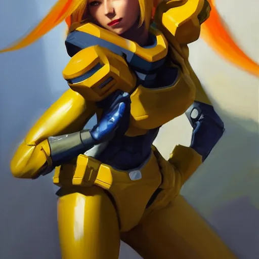 Image similar to Greg Manchess portrait painting o Samus Aran as Overwatch character, medium shot, asymmetrical, profile picture, Organic Painting, sunny day, Matte Painting, bold shapes, hard edges, street art, trending on artstation, by Huang Guangjian and Gil Elvgren and Sachin Teng