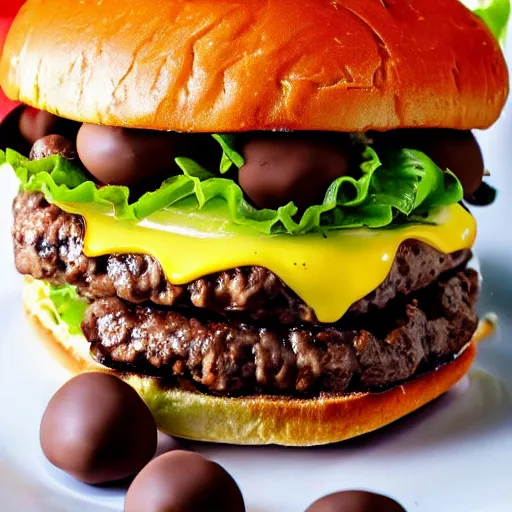 Image similar to closeup photo of most delicious cheeseburger with chocolate truffles inside