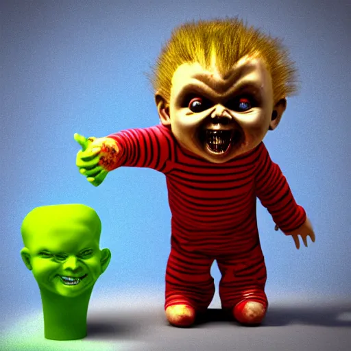 Prompt: screaming chucky doll made of out murano chihuly glass blender 3 d render