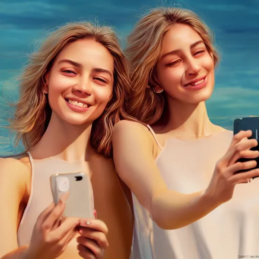 Image similar to beautiful serene intricate portrait of identical twin women, taking a selfie, smiling softly, relaxing on the beach, wearing casual clothes golden hour, soft focus, 8 k, art by irakli nadar, hyperrealism, hyperdetailed, ultra realistic