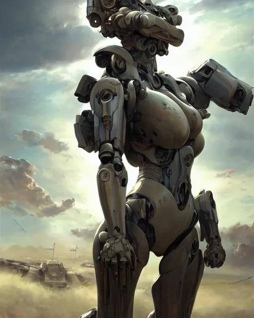 Image similar to daniel gerhartz and artgerm portrait digital rococo painting of a beautiful serious woman wearing a mecha suit, war torn battlefield in the background, glinting sunlight, unreal engine, hyper realism, realistic shading, cinematic composition, blender render, octane render, hdr, detailed textures, photorealistic, wide portrait shot, 3 5 mm film