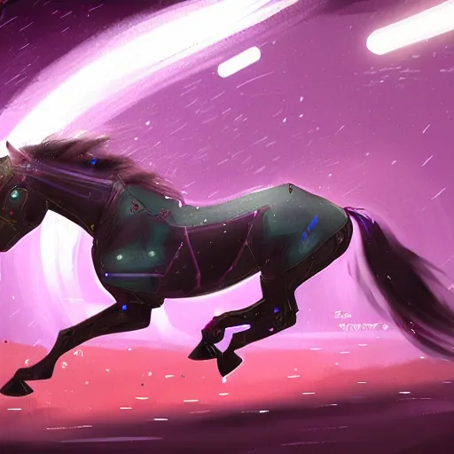 Prompt: cybernetic neo - equine mind transfer : horse - like creatures running impossibly fast through the night, reveling in their machine - aided grace and supremacy over any natural creature, artstation furaffinity