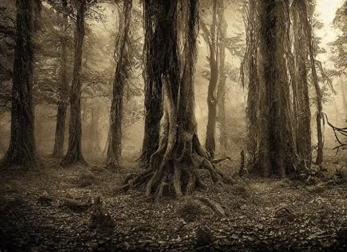 Prompt: an incredibly scary and very very unique creative monster of the forest, ancient folk legend, hyperrealistic concept art, sepia photography in the forest