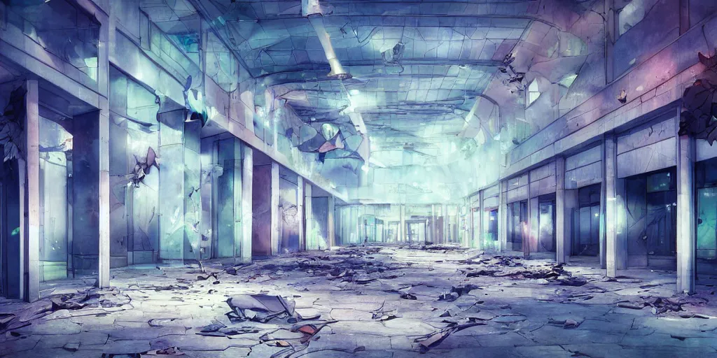 Prompt: abandoned mall at night, subtle wear - and - tear, anime!, award - winning digital art