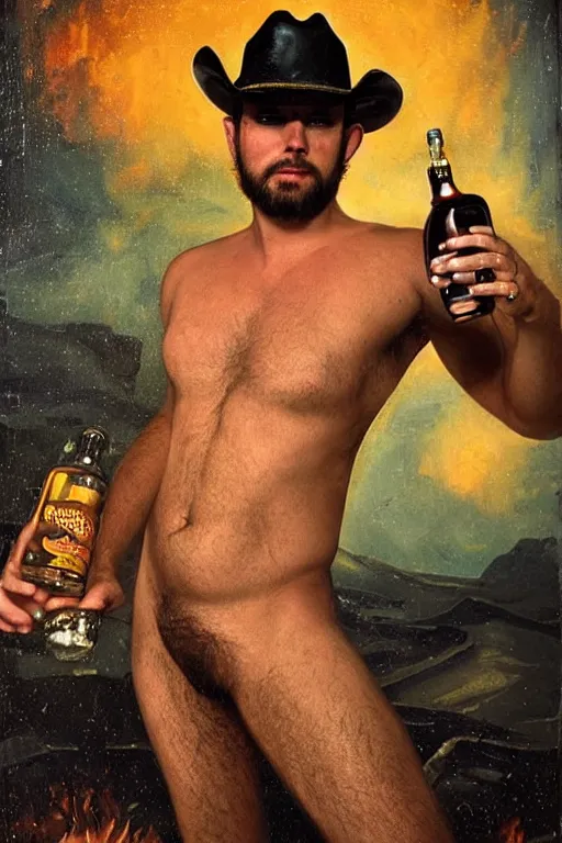 Prompt: a dramatic, epic, ethereal painting of a handsome thicc mischievous shirtless cowboy with a beer belly wearing leather pants and cowboy hat holding a whiskey bottle | background is a late night campfire with food and jugs of whisky | homoerotic | fire, flames, stars, tarot card, art deco, art nouveau, mosaic, intricate | by Mark Maggiori | trending on artstation