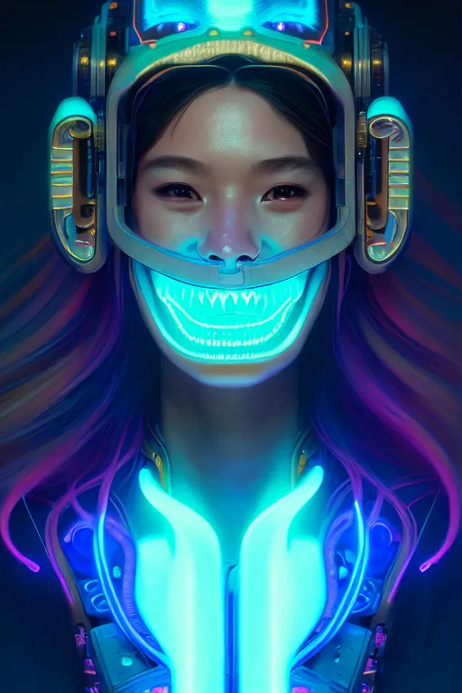 Prompt: portrait of a cute smiling bioluminescent creature, cyberpunk, dark retrowave, highly detailed, asymmetrical artwork, cinematic, hyperrealism, art stanley lau and artgerm and magali villeneuve and alphonse mucha, artstation, octane render, unreal engine, 8 k, aperture f 1. 2