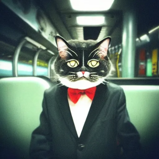 Image similar to “ angry cat wearing a suit riding the subway, studio ghibli, spirited away, anime, by hayao miyazaki ”