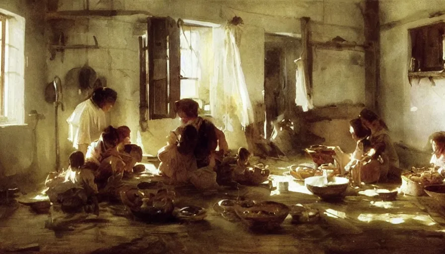 Prompt: simple villager family about to eat a meal together in their beautiful simple cottage home, art by anders zorn, wonderful masterpiece by greg rutkowski, beautiful cinematic light, american romanticism thomas lawrence, greg rutkowski