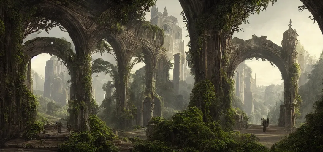 Image similar to gigantic castle, arches adorned pillars, towers, archways, gnarly trees, lush vegetation, forrest, landscape, raphael lacoste, eddie mendoza, alex ross, concept art, matte painting, highly detailed, rule of thirds, dynamic lighting, cinematic, detailed, denoised, centerd