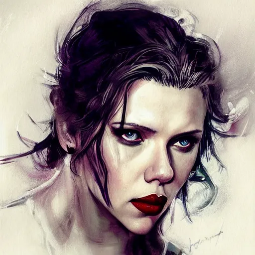 Prompt: painting of scarlett johansson as an evil vampire wearing an eyepatch, epic, tragic, military art, fantasy, dieselpunk, hd shot, digital portrait, beautiful, artstation, comic style, by artgerm, guy denning, jakub rozalski, magali villeneuve and charlie bowater