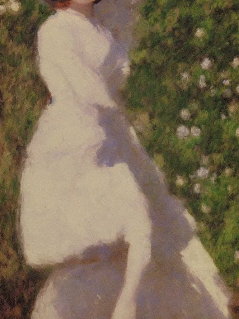 Image similar to portrait of < zelda fitzgerald > as a beautiful young lady wearing 1 9 2 0 s fashion, blurry face, brown hair, slim, fair, severe out of focus, depth of field, pleinairism, in the sun, backlit, closeup, oil on canvas, atr by monet, in the style of le promenade, smooth, impressionnisme, 8 k