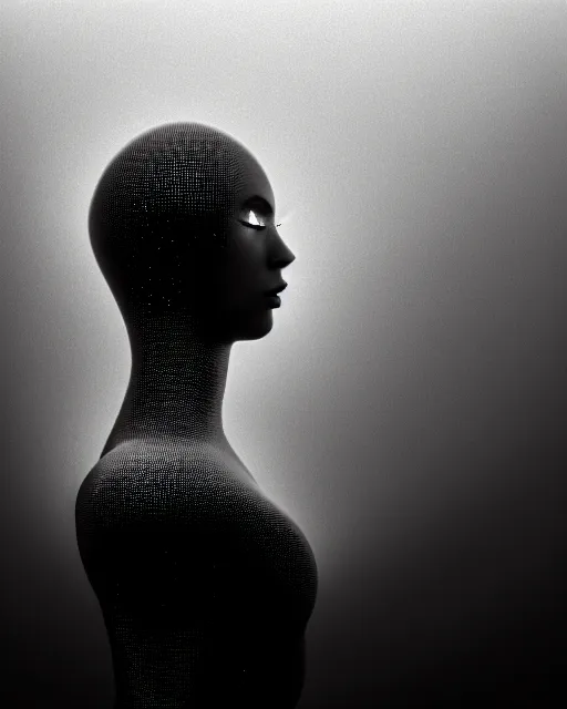 Image similar to black and white high quality photo of a beautiful female AI vegetal-cyborg looking into a sci-fi mirror, volumetric lighting, liminal space, brutalism, foggy, dreamy, hyperdetailed, bokeh, photorealistic, cinematic, masterpiece, elegant, dark, by Man Ray in the style of Horst P. Horst, octane render, 8K,