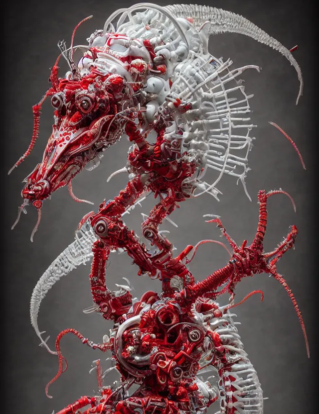 Image similar to legendary white dragon, red biomechanical details, wearing epic bionic cyborg implants, inflateble shapes, wires, tubes, red veins, jellyfish, masterpiece, intricate, biopunk, highly detailed, artstation, concept art, cottage core, cinematic focus, polaroid photo, bleached, vintage, high - key lighting, soft lights, foggy, by tarkovsky, 8 k