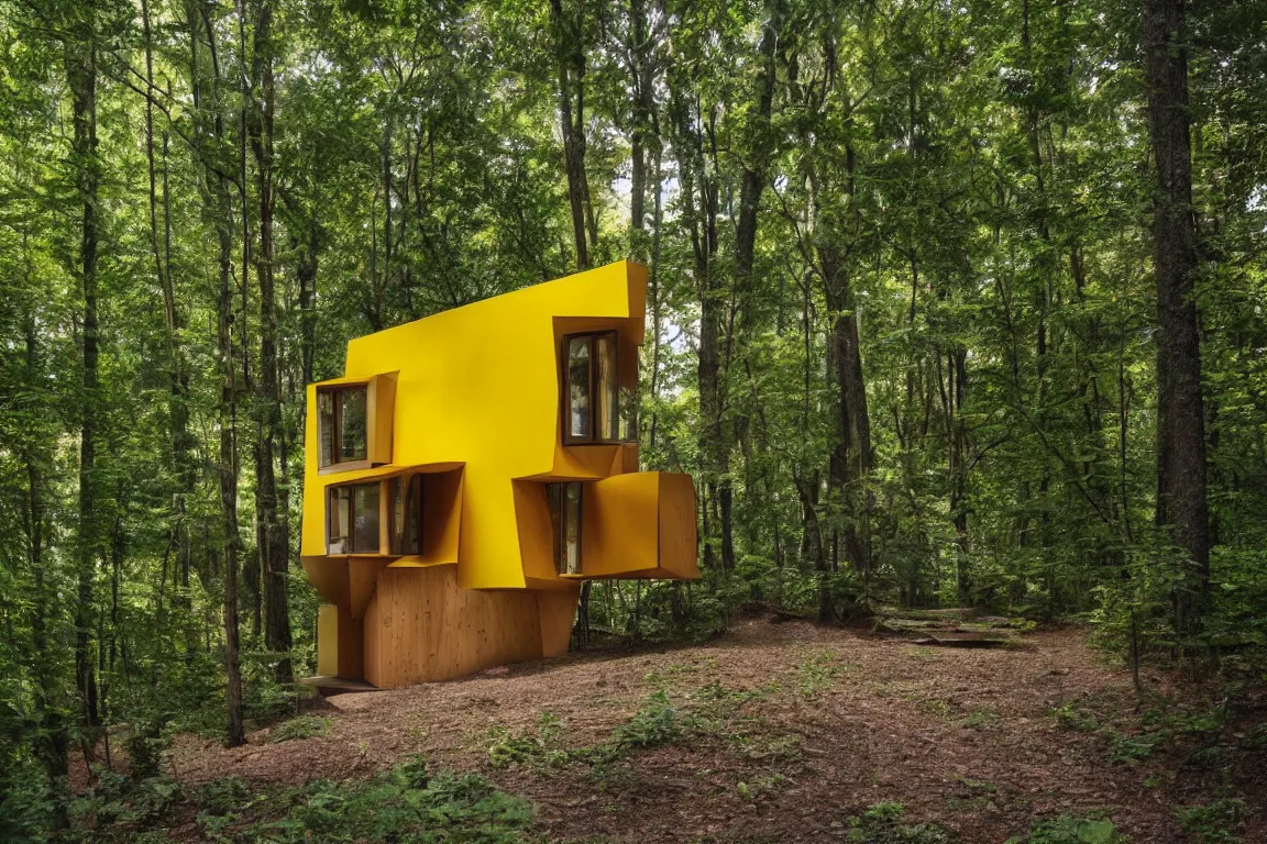 Prompt: a tiny leveled house in a forest, designed by Frank Gehry. Big tiles. Small wooden pathway . Film grain, cinematic, yellow hue