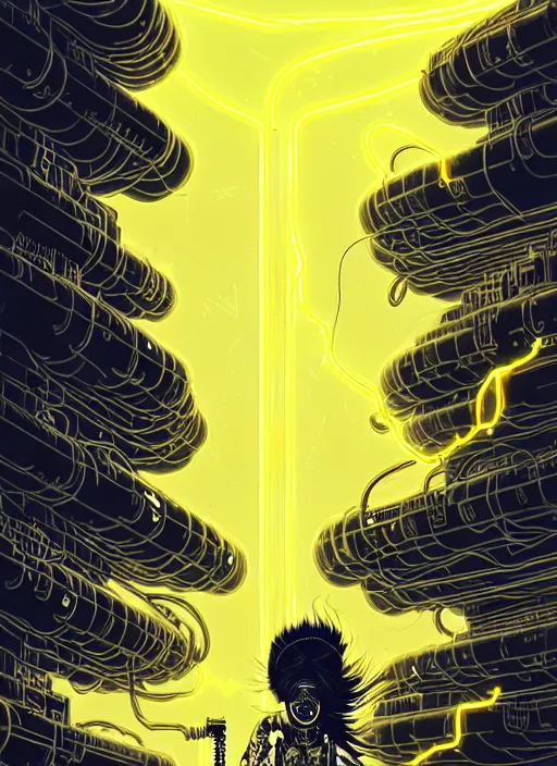 Image similar to highly detailed portrait of wasteland punk long curly bright yellow and white plasma electricity hair tribal lady, stray electric spark wiring by atey ghailan, james gilleard, by joe fenton, by greg rutkowski, by greg tocchini, by kaethe butcher, 4 k resolution, gradient yellow, black and white color scheme!!! ( ( lightning cloudy robotic dystopian city background ) )