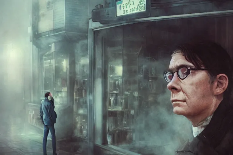 Prompt: a realistic cinematic headshot portrait of an evil scientist, stood outside a corner shop, foggy, detailed, depth of field, movie still, dramatic lighting, by krenz cushart and annie leibovitz