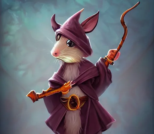 Image similar to anthropomorphic rat wielding a magic staff wearing wizard robe, cute and adorable, pretty, beautiful, DnD character art portrait, matte fantasy painting, DeviantArt Artstation, cinema