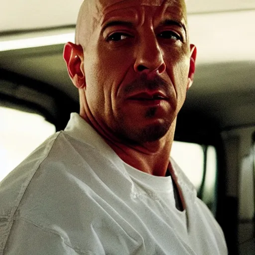 Image similar to film still of vin diesel as walter white selling meth in Breaking Bad