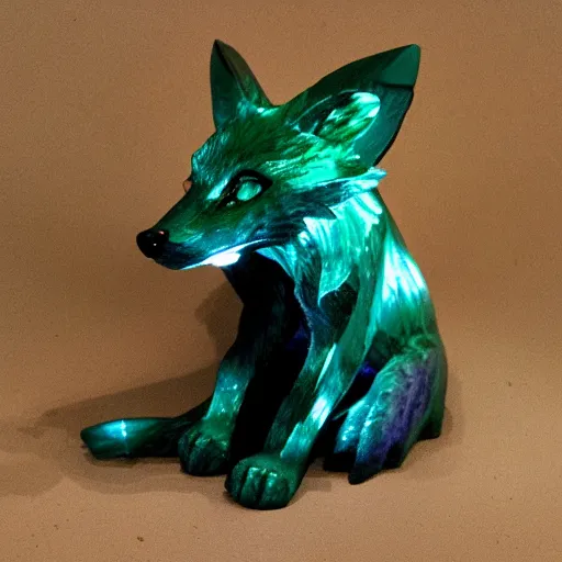 Image similar to Emerald Fox sculpture with glowing purple eyes