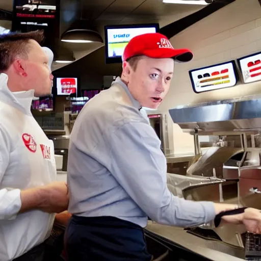Image similar to Elon musk working at Burger king, Elon musk working the register at a fast food place