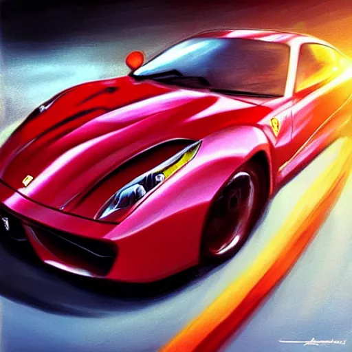 Image similar to cinematic fast sportscar reminiscent of ferrari and porsche in a lush field, shiny, red, beautiful lighting, photorealistic, sharp, sunset, by artgerm