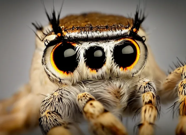 Image similar to jumping spider mixed with owl, highly detailed, macro lens,