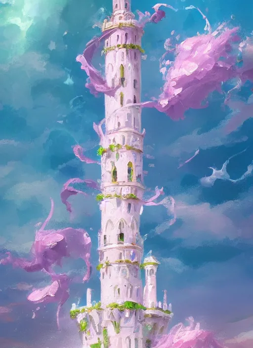 Prompt: a delicate ornate white fantasy tower with pink and green decoration splashes upwards from a turbulent ocean, dramatic lighting, rich colors, beautiful oil painting, artstation