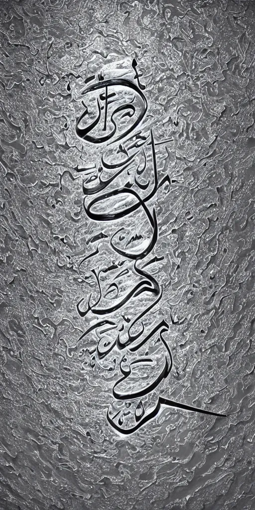 Image similar to a photorealistic render of a 3 d arabic calligraphy, made of liquid metal and marble, cinema 4 d, by zhelong xu, ernst haeckel and mouneer alshaarani, hyper realistic, plain background, 8 k, volumetric lightning, trending on artstation