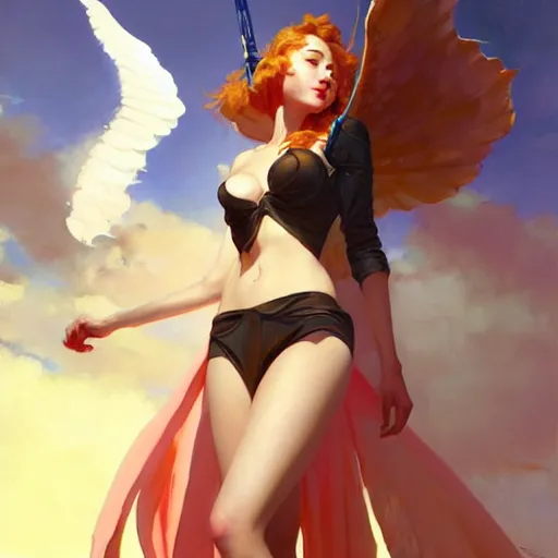 Image similar to greg manchess painting of anime woman, long wings, sorceress wand, soft lighting, trending on artstation, by huang guangjian and gil elvgren and sachin teng