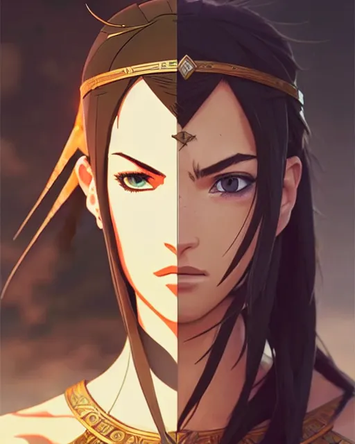 Image similar to azctec warrior, megan fox, finely detailed perfect face, exquisite details, fire magic, mid view, design on a white background, by studio muti, greg rutkowski makoto shinkai takashi takeuchi studio ghibli