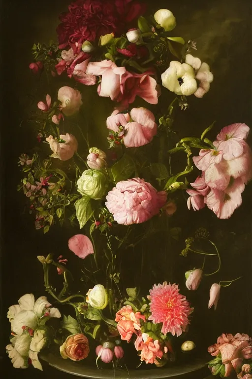 Image similar to secret garden, lush, floral, botanical, romanticism, dark, moody, rachel ruysch