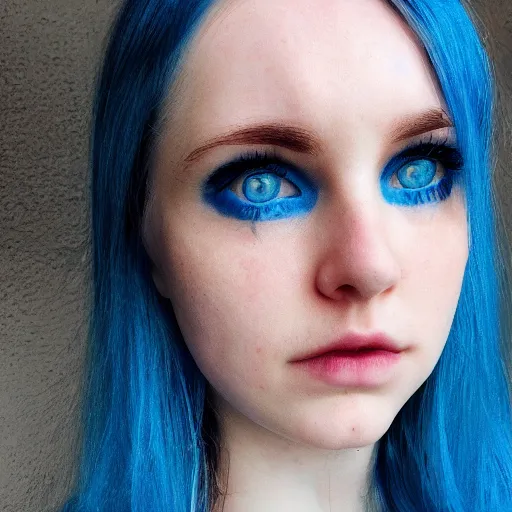 Image similar to a pale girl with piercing blue eyes and blue hair, soft facial features, looking directly at the camera, neutral expression, instagram picture