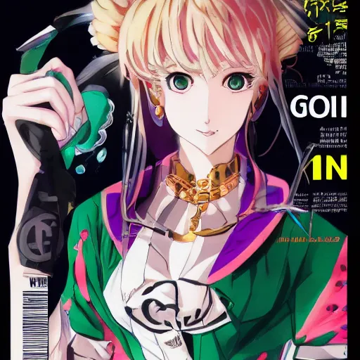 Image similar to Magazine Cover Anime key visual of a Gucci girl; official media; typography; drawn by Hirohiko Araki; Jojo's Bizarre Adventure; Jojolion, portrait, made by Stanley Artgerm Lau, WLOP, Rossdraws, James Jean, Andrei Riabovitchev, Marc Simonetti, Yoshitaka Amano, ArtStation