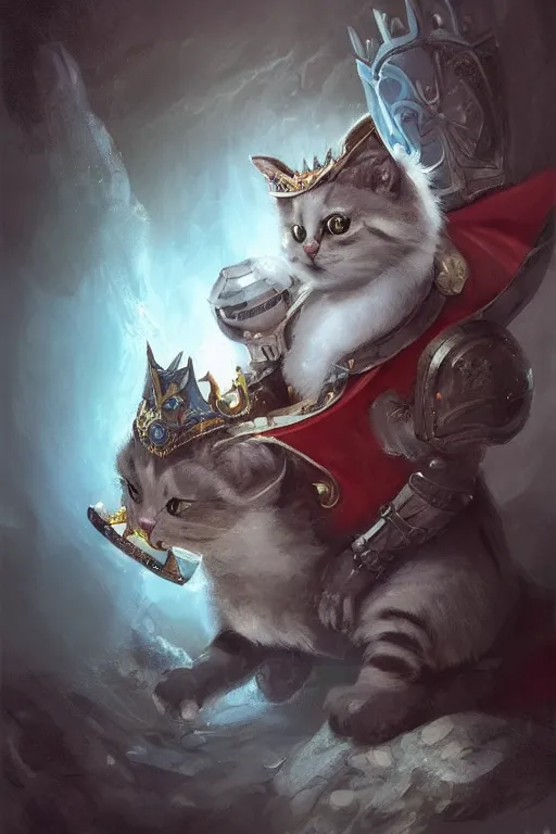 Image similar to cute little anthropomorphic cat knight wearing a cape and a crown, tiny, small, miniature cat , baby animal, short, pale blue armor, cute and adorable, pretty, beautiful, DnD character art portrait, matte fantasy painting, DeviantArt Artstation, by Jason Felix by Steve Argyle by Tyler Jacobson by Peter Mohrbacher, cinematic lighting