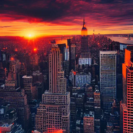 Image similar to sunset above new york, beautiful landscape, high detail, instagram photo, professional dslr photo, creative composition, beautiful composition