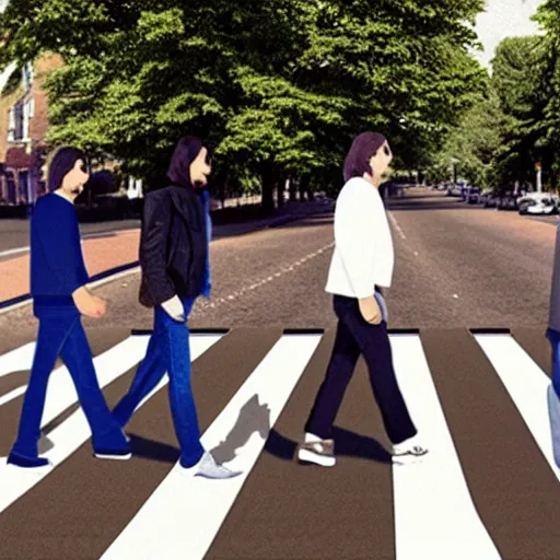 Image similar to 4 men walking on crosswalk on abbey road, city, digital art, 8 k.